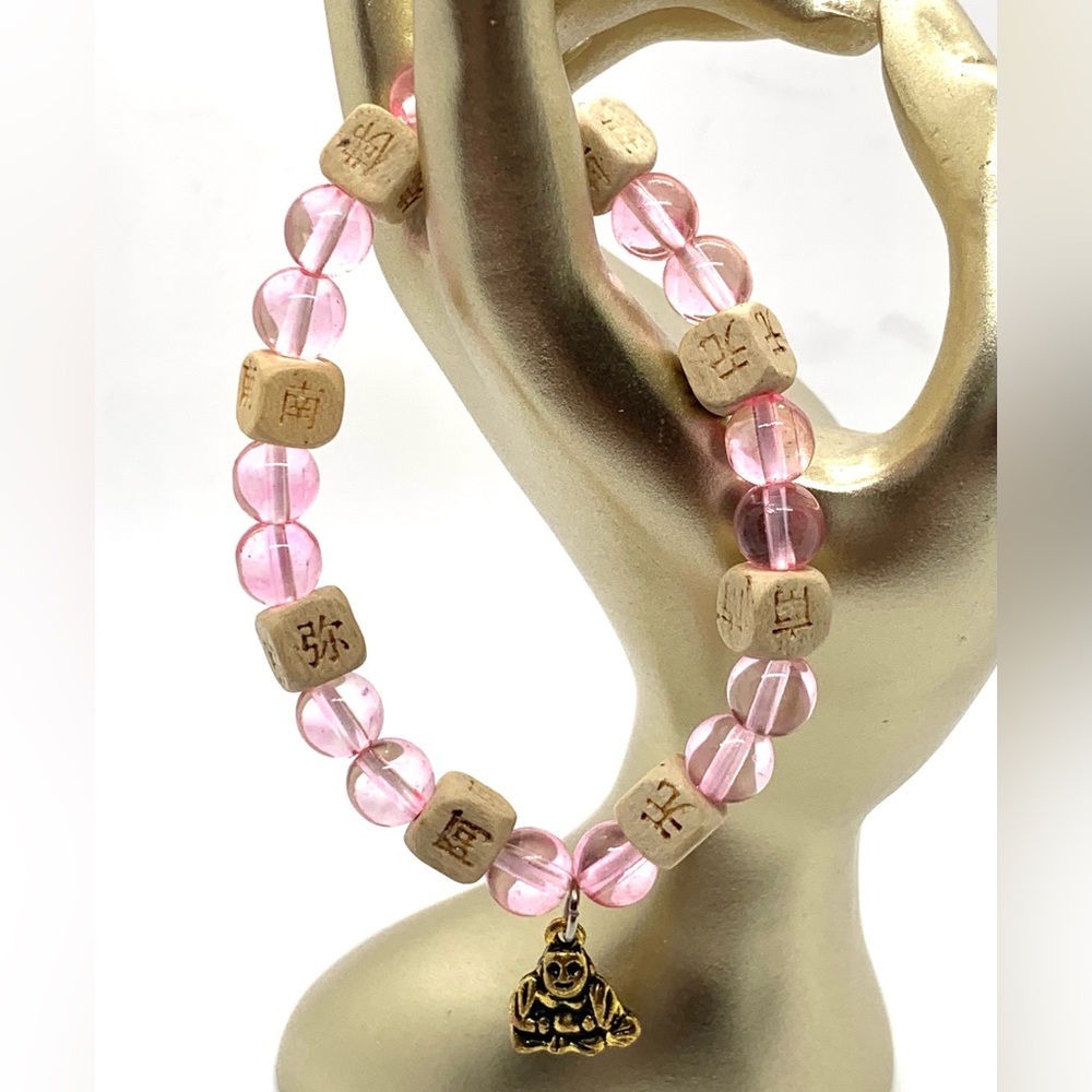 [Pretty N Pink] Stretchy Elastic Beaded Bracelet With Buddha Charm& Wooden Beads